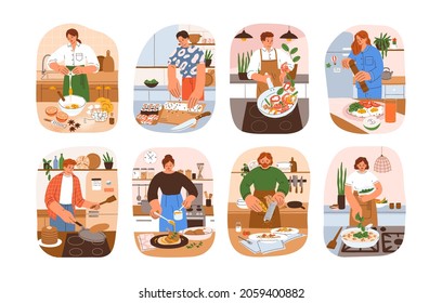 People cook food at home set. Men and women at kitchen table cooking breakfast, lunch, dinner dishes, preparing sushi, pasta, cake and turkey. Flat vector illustration isolated on white background