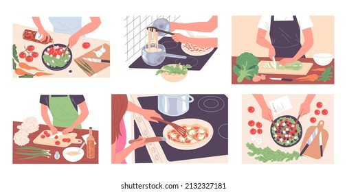 People cook food, prepare meal. Various vegetable dishes.