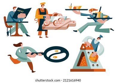 People cook food quickly. Vector illustration of flat stylized style. Employees of the restaurant, cafe, canteen. Collection of isolated objects on a white background