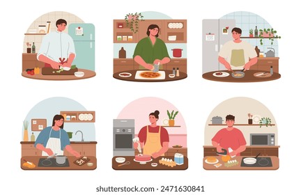 People cook in kitchen. Cooking and baking, individual men and women characters preparing meals illustration set