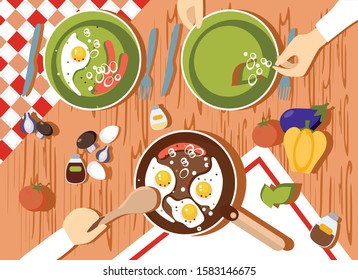people cook in the kitchen. vector illustration of how people prepare breakfast