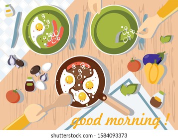 people cook in the kitchen. vector illustration of how people prepare breakfast
