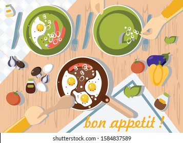 people cook in the kitchen. vector illustration of how people prepare breakfast