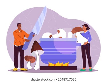 As pessoas cozinham cogumelos. Homem com faca e mulher com comida perto da panela. Equipe de chefs preparando uma sopa deliciosa. Comida vegetariana saudável. Ilustração de vetor plano isolada no plano de fundo branco