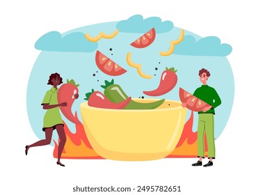 People cook spicy food. Man and woman with vegetables near large plate. Vegetarian diet and healthy eating. Tomato and chilli pepper. Flat vector illustration isolated on white background