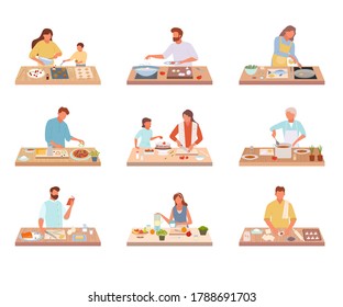 People cook tasty food set. Characters share recipes prepare on kitchen table delicious dishes old woman cooks borsch girl fries salmon mother and daughter bake birthday cake. Menu vector.