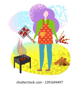 People cooking BBQ street food poster. Vector trendy naive style whimsical figure, characters drawing flat, funky, like matisse. Cookout BBQ party image, banner on white. People cooking grill