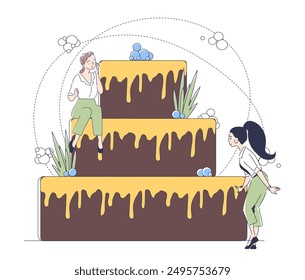 People cooking big cake. Women near huge cake. Confectioners prepare dessert and delicacy. Homemade sweet product. Culinary and confectionery. Linear vector illustration isolated on white background