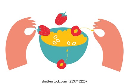 People Cooking Breakfast Vector. Hands Holding Fruits And Muesli. Family Dining. Professional Worker On The Kitchen. Cartoon Breakfast Logo Vector Illustration. EPS10