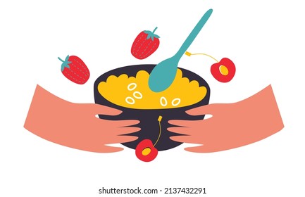 People cooking breakfast vector. Hands holding fruits and muesli. Family Dining. Professional worker on the kitchen. Cartoon breakfast logo vector illustration. EPS10