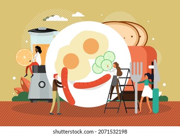 La gente cocina el desayuno, la ilustración vectorial. Divertidos huevos fritos con salchichas, tostadas y pepinos.