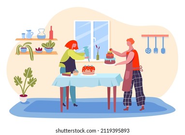 People cooking cake for birthday celebration. Woman decorating dessert with frosting. Homemade delicious cakes and sweets for party event. Confectioner in aprons preparing pastry vector