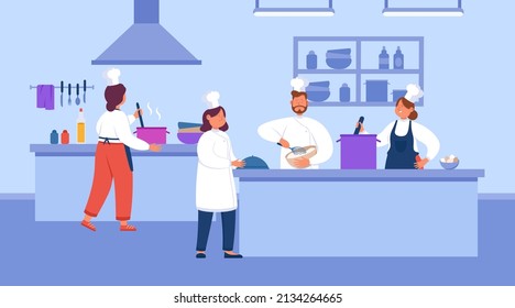 People cooking in commercial kitchen flat vector illustration. Man and women preparing gourmet food and desserts in cafe or restaurant. Chef controlling process. Occupation, hospitality concept