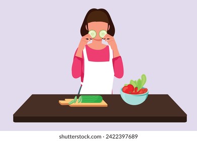 People cooking concept on kitchen table. Colored flat vector illustration isolated.	