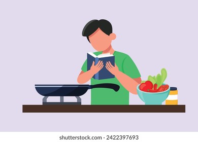 People cooking concept on kitchen table. Colored flat vector illustration isolated.	
