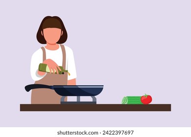 People cooking concept on kitchen table. Colored flat vector illustration isolated.	