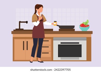 People cooking concept on kitchen table. Colored flat vector illustration isolated.	