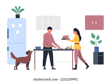 People cooking dinner in kitchen. Man cutting vegetables, woman carrying chicken. Couple preparing food together, dog looking at table. Happy family making supper vector illustration