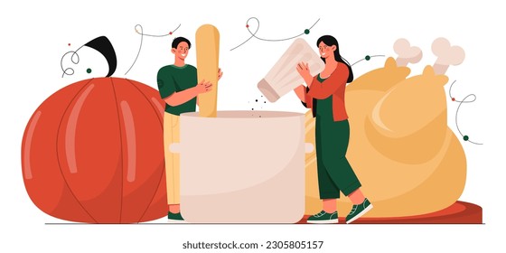 People cooking dinner. Man and woman with vegetables, chicken and spices near soup pot. Young chefs in kitchen with ingredients, recipe and master class. Cartoon flat vector illustration