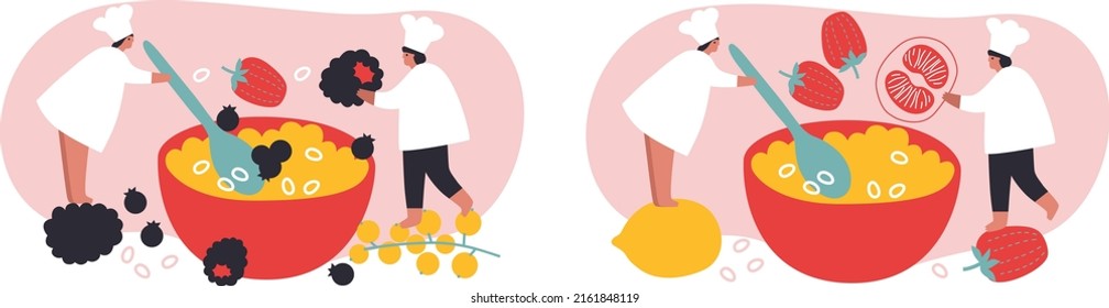People cooking and eating breakfast. Tiny male and female characters cook breakfast. Family Dining. Professional worker on the kitchen. Cartoon people man and woman vector illustration. EPS10
