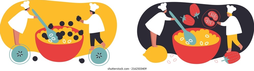 People cooking and eating breakfast. Tiny male and female characters cook breakfast. Family Dining. Professional worker on the kitchen. Cartoon people man and woman vector illustration. EPS10
