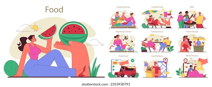 People cooking and eating food set. Character enjoying delivered or homemade meal. Delicious nutritions for family dinner or party. Flat vector illustration