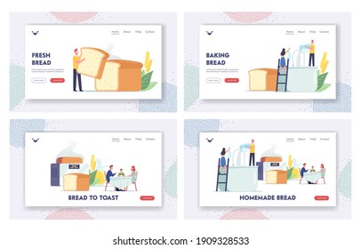 People Cooking and Eating Fresh Bakery Landing Page Template Set. Tiny Characters Cook Homemade Bread Pouring Ingredients into Huge Mixer and Baker, Family Dining. Cartoon People Vector Illustration