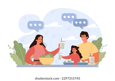 People cooking or eating healthy food. Family members with fresh ingredients, vegetables and fruits on a plate. Homemade organic nutritions full of vitamins. Flat vector illustration