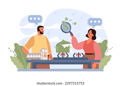 People cooking or eating healthy food. Family members with fresh ingredients, vegetables and fruits on a plate. Homemade organic nutritions full of vitamins. Flat vector illustration