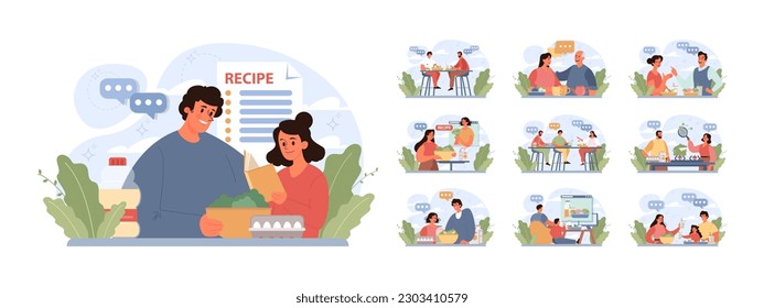 People cooking and eating healthy food set. Family following diet recipes with fresh ingredients, vegetables and fruits. Homemade organic nutritions full of vitamins. Flat vector illustration