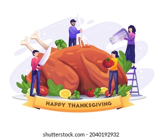 People cooking and enjoying a huge turkey on thanksgiving. Flat vector illustration