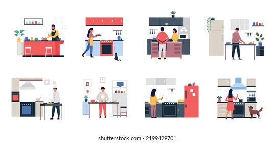 La gente cocina. La familia prepara la cena en la cocina de su casa, hombre y mujer cortan los ingredientes para hervir y freír las tortas. Caricatura vectorial que cocina la cena juntos. Personajes cocinando platos caseros