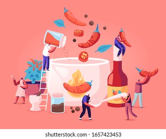 People Cooking Food with Hot Chili Concept. Tiny Male and Female Characters Put Red and Black Chilli Pepper to Huge Sauce Pan, Adding Ingredients for Making Spicy Dish. Cartoon Vector Illustration