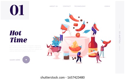 People Cooking Food with Hot Chili Website Landing Page. Tiny Characters Put Red and Black Chilli Pepper to Huge Boiling Sauce Pan Making Spicy Dish Web Page Banner. Cartoon Flat Vector Illustration