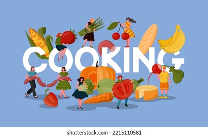 People cooking food, restaurant meal. Dinner cuisine, tiny characters and huge letters,men and women hold big fruit and vegetables. Tasty lunch. Vegan nutrition. Vector cartoon flat concept