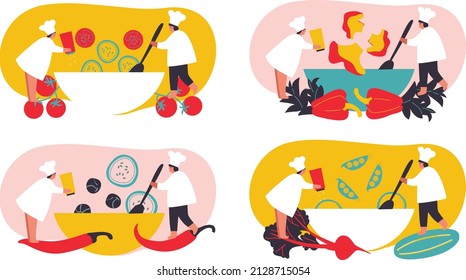 People cooking fresh salad vector. Tiny male and female characters cook vegetables salad. Family Dining. Professional worker on the kitchen. Cartoon people man and woman vector illustration. EPS10