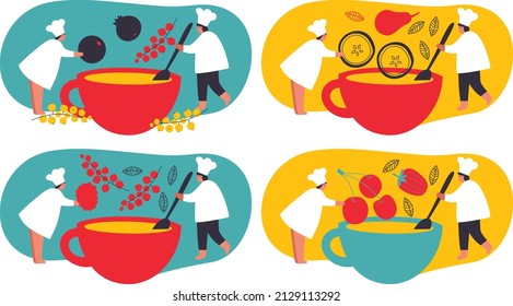 People cooking fruit tea. Tiny male and female characters cook fruits tea. Family Dining. Professional worker on the kitchen. Cartoon people man and woman vector illustration. EPS10
