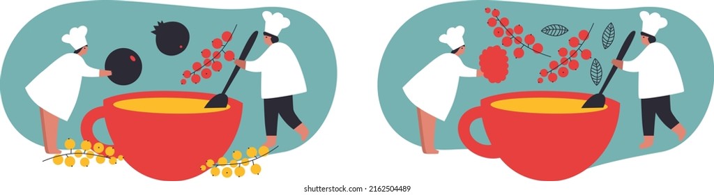 People cooking fruit tea. Tiny male and female characters cook tea. Family Dining. Professional worker on the kitchen. Cartoon people man and woman vector illustration. EPS10