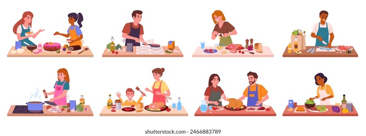 People cooking at home. Families preparing food on house table, homemade meal preparation flat vector illustration set. Cooking characters collection