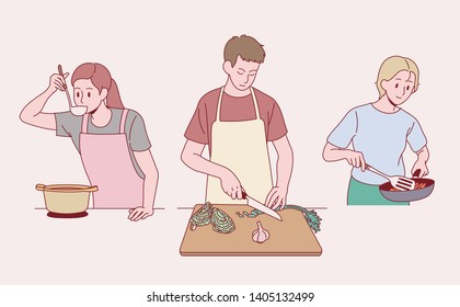 people cooking at home. hand drawn style vector design illustrations. 