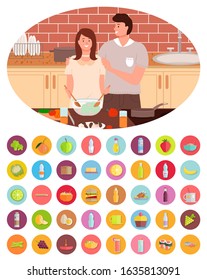 People cooking at home kitchen, man and woman couple preparing food. Father teaching daughter to make dishes and bake. Collection of ingredients, vegetables and fruits for culinary dishes, vector