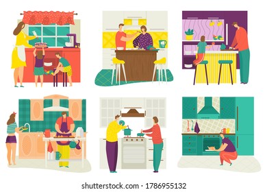 People cooking at home kitchen, serving table, children learning to cook food set of cartoon flat isolated vector illustration. Men, women and children preparing homemade meals in cooker for dinner.