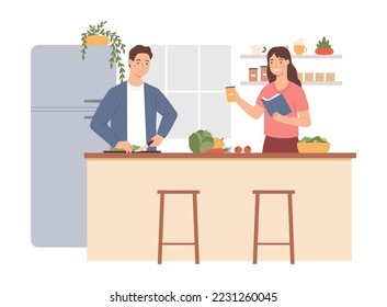 People cooking at home. Man cutting vegetables, woman giving seasoning and reading recipe book. Bowl with salad and carrot, tomato and cabbage on table, kitchen interior vector illustration