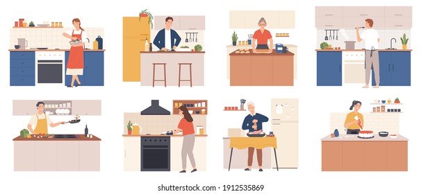 People cooking at home. Men and women preparing food in kitchen interior. Characters bake, fry and boil meal. Cartoon culinary vector set. Making dishes as salad, soup, chicken, cookies