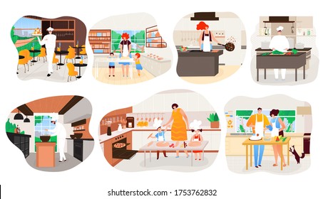 People cooking at home, restaurant kitchen chef cartoon character vector illustration. Happy family mother and children in kitchen together baking homemade pastry. Smiling cook in professional uniform