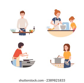 People cooking at home vector illustrations set. Family enjoying cooking together. Cartoon man and woman preparing food. Mom and child at kitchen preparing food for dinner, bake cake