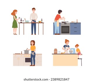 People cooking at home vector illustrations set. Cartoon man and woman preparing food. Family enjoying cooking together. Mom and child at kitchen preparing food for dinner, bake cake.