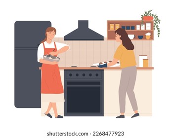 People cooking at home, woman at kitchen. Vector cooking illustration, happy woman and dinner at table, cook lunch