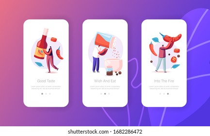 People Cooking Hot Spicy Food Mobile App Page Onboard Screen Template. Tiny Characters Cook Delicious Meal with Red Chili Pepper Ingredients, Mexican Spicy Dish. Concept. Cartoon Vector Illustration