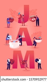 People Cooking Jam Concept. Characters Pouring Fresh Berries and Sugar to Huge Pan for Boiling and Put Dessert to Glass Jar. Preserving Poster Banner Flyer Brochure. Cartoon Flat Vector Illustration